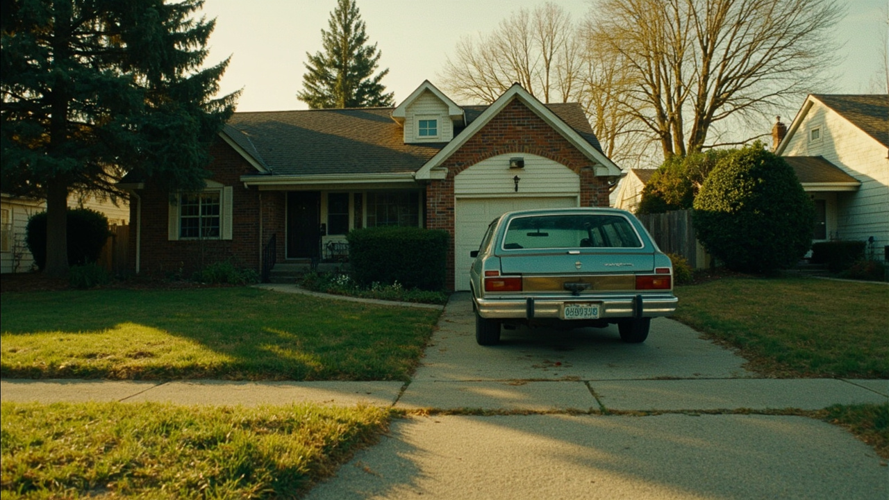 Suburban American house exterior, retro feel, warm afternoon light