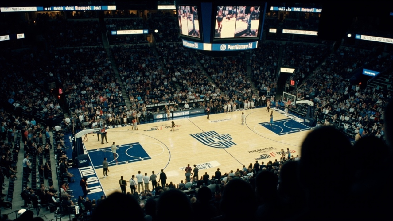 Lucas Oil Stadium exterior in Indianapolis with Final Four banners and crowds approaching for Saturday's semifinals