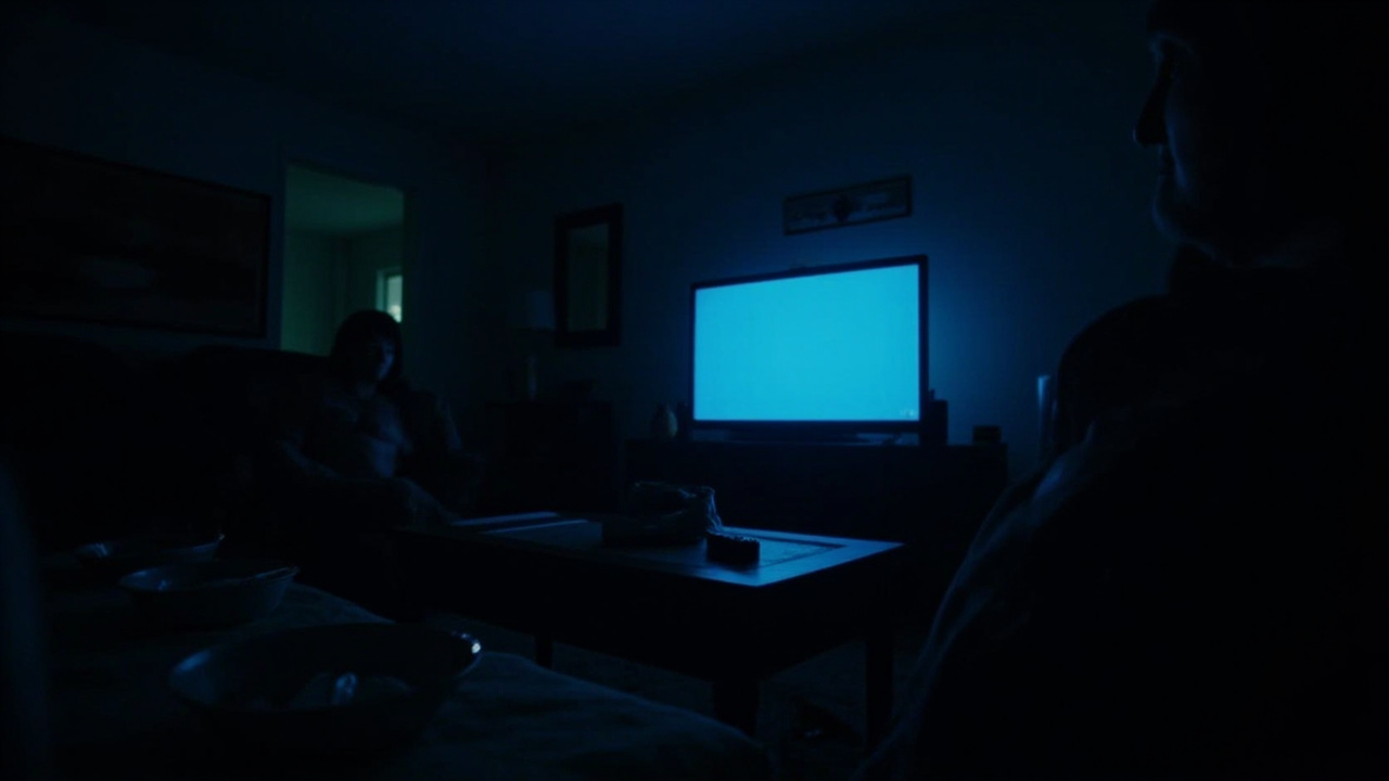 Laptop screen showing Netflix interface in a dimly lit room, multiple show thumbnails visible