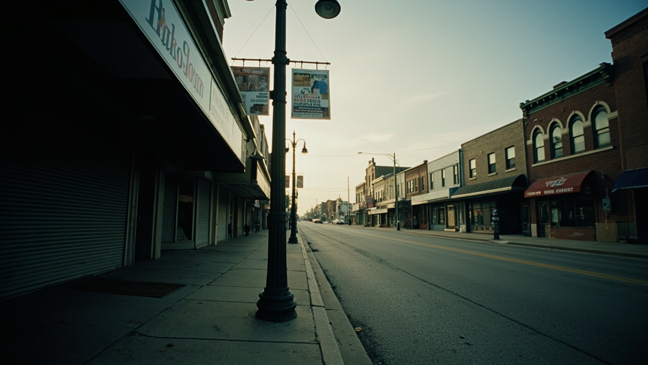 Empty American main street on Easter morning, closed storefronts, protest flyers on lampposts