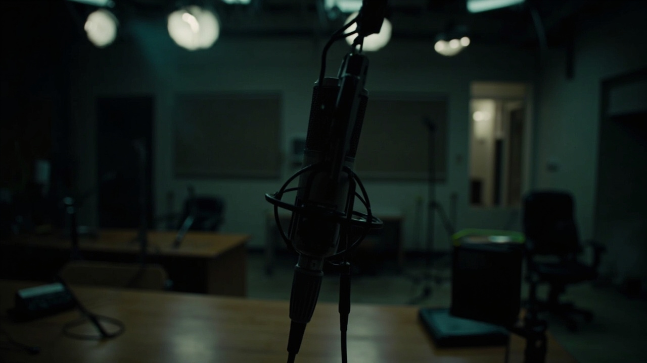 Empty NPR newsroom with microphone in foreground, dim lighting