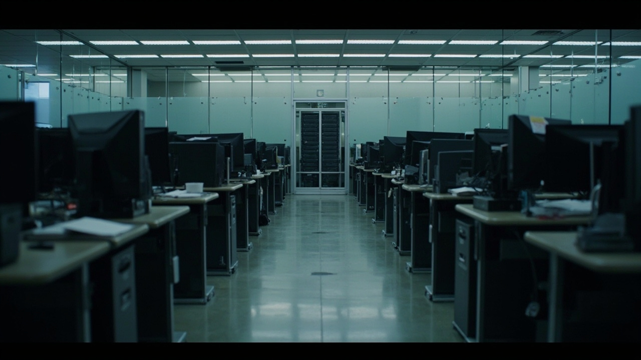 Empty Oracle office cubicles with computer screens dark, construction cranes visible through window building data center in background