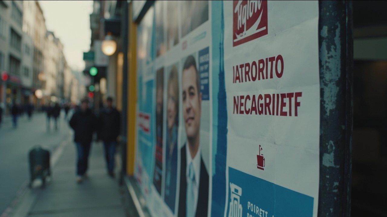 Hungarian election poster on Budapest street lamp, other party posters visible behind