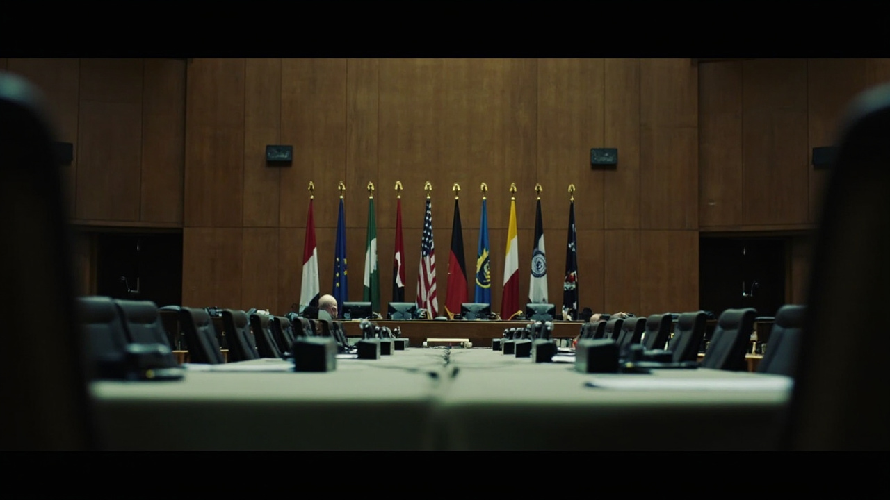 Empty diplomatic conference room with flags of multiple nations, chairs pushed back from table