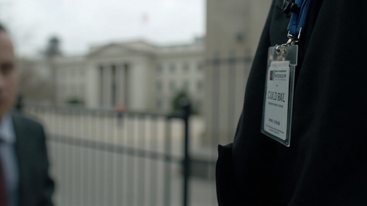 Pentagon building exterior with security checkpoint, press pass visible in foreground