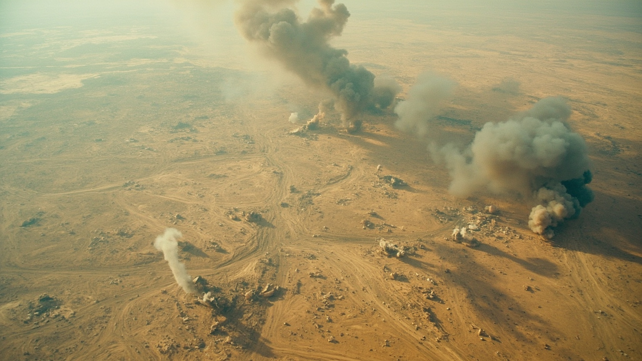 Satellite image of a cratered military airfield in Iran showing destroyed hangars and runway damage, with annotation markers indicating previous strike locations