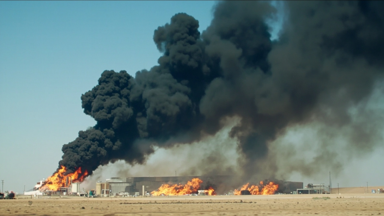 Thick black smoke rising from petrochemical plant complex in flat desert terrain of southwestern Iran, multiple fire plumes visible along the industrial skyline