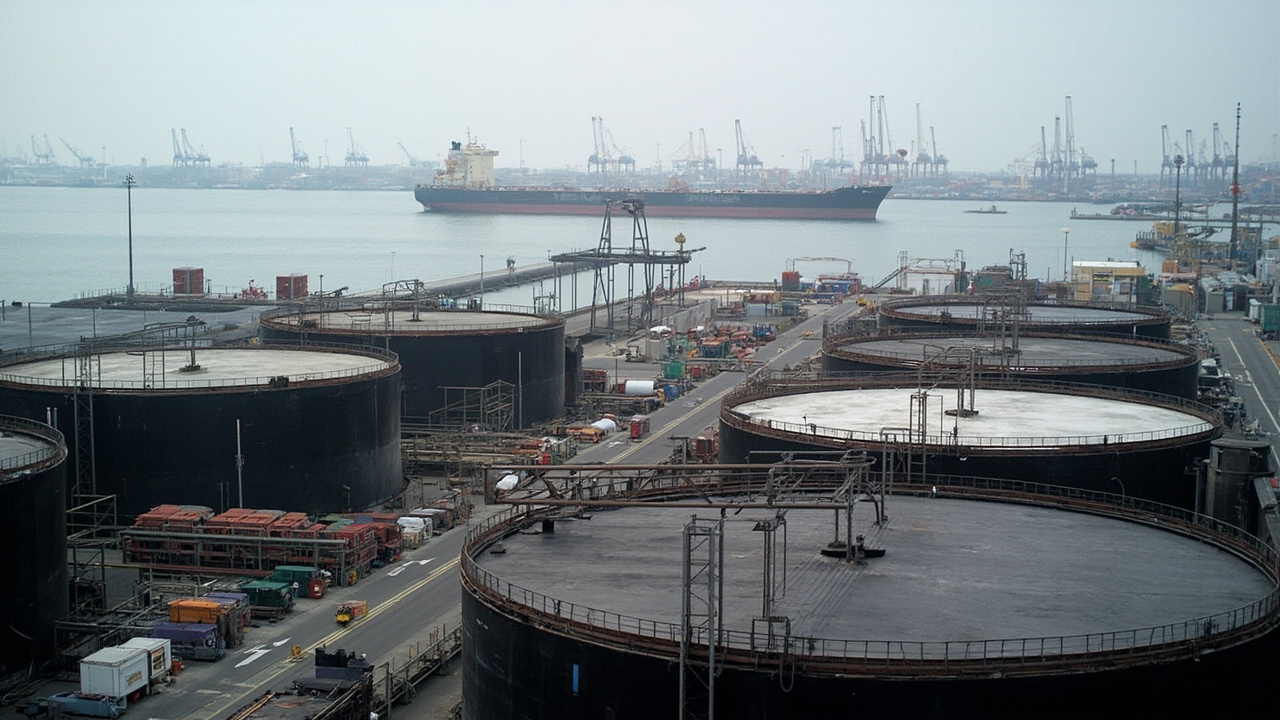 Fuel storage tanks at a port facility with cargo ship in background