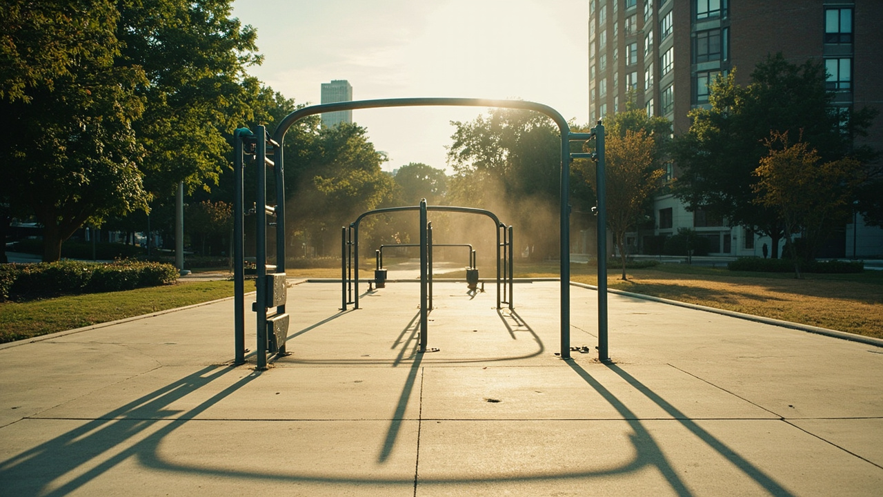 Empty park exercise station on a hot day, heat haze visible on pavement