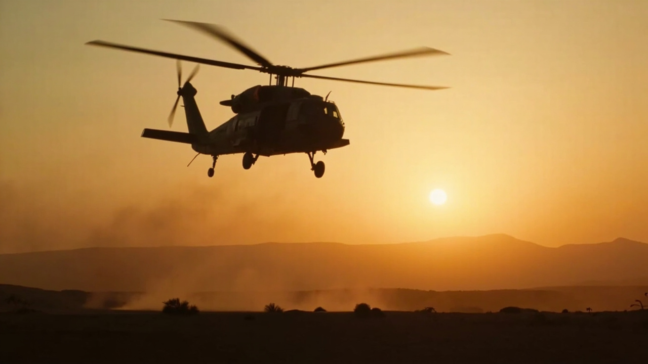 Military rescue helicopter silhouetted against desert sky at dawn