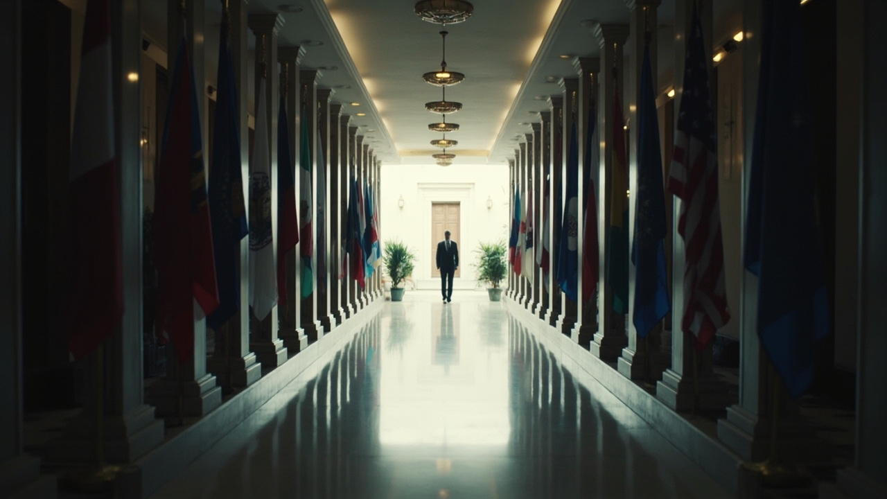 NATO headquarters corridor, alliance flags lining both sides, empty hallway stretching ahead