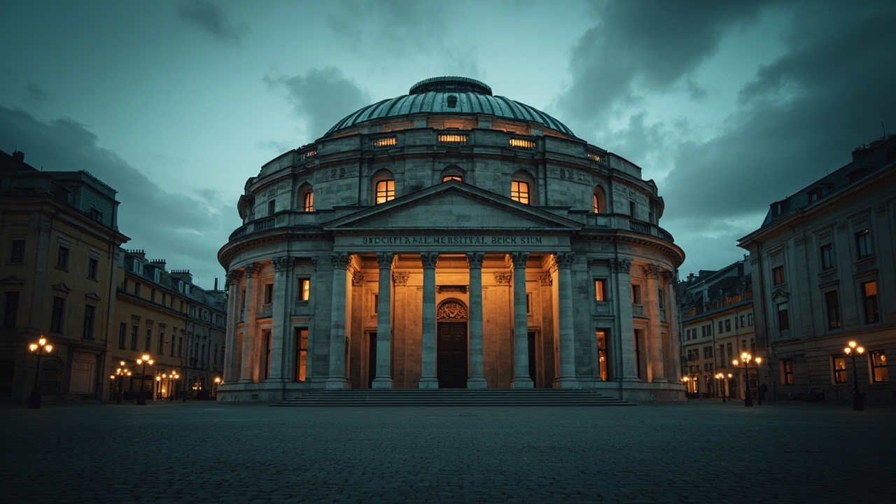 Salzburg Festival hall exterior with dark clouds, empty plaza in foreground