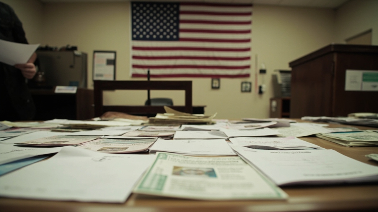 Voter registration desk with documents and identification cards spread out