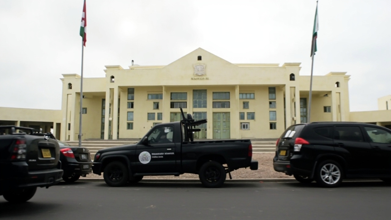 Dakar government building with Senegalese flag, ministerial vehicles parked outside under overcast sky