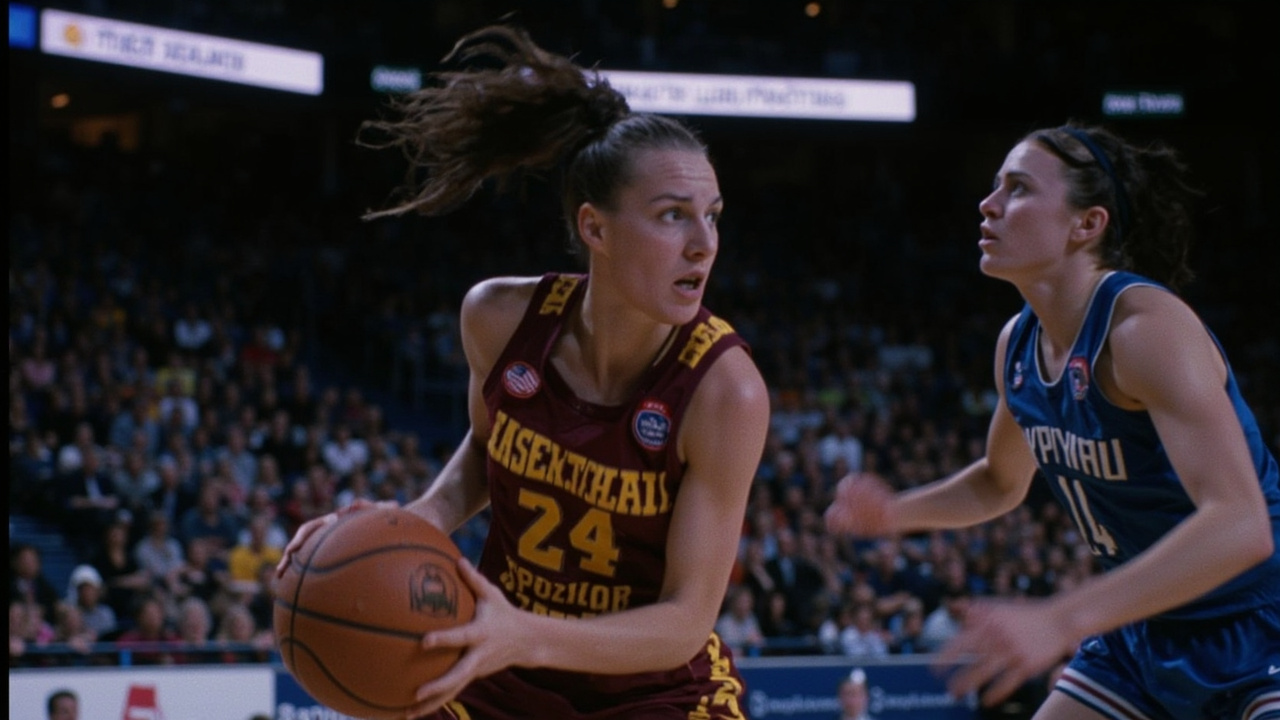 Ta'Niya Latson driving to the basket against UConn defenders in the Final Four