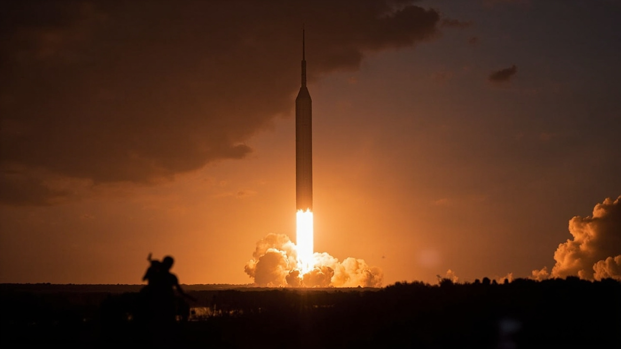 SpaceX Falcon Heavy rocket launching at dusk from Cape Canaveral, exhaust plumes illuminated orange against darkening sky