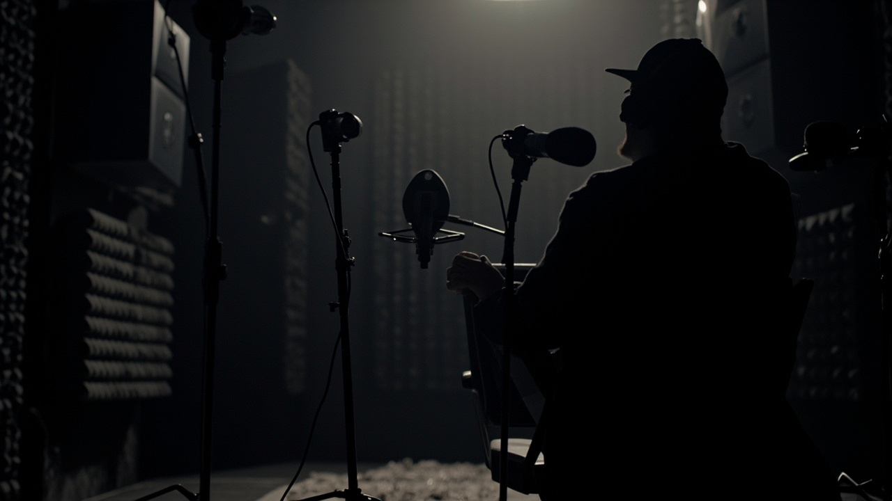 Empty podcast recording studio with microphones and headphones on desk, red recording light off
