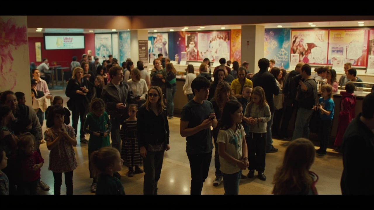 Packed movie theater lobby with Super Mario Galaxy Movie poster prominently displayed, families queuing for tickets