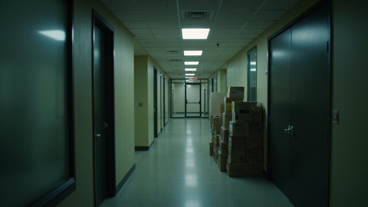 Empty corporate office hallway with fluorescent lights, cardboard boxes stacked near exit