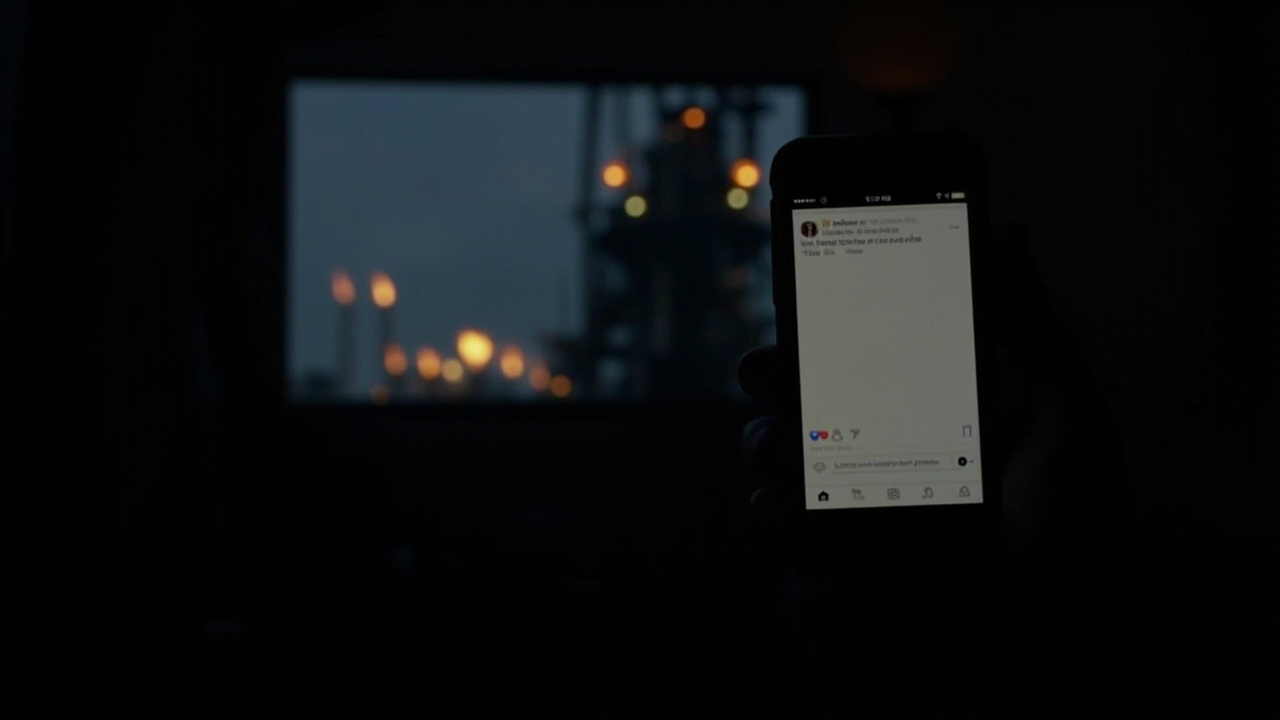 Screenshot of Truth Social app on a smartphone showing Trump's post reading KEEP THE OIL ANYONE in all caps, phone resting on a desk with a blurred TV showing breaking news chyron about the downed F-15