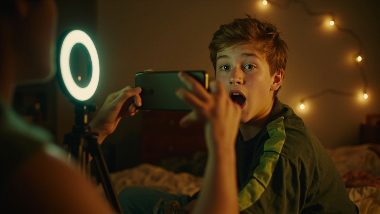 A young person filming themselves on a phone with ring light, recreating a bottle flip challenge in a bedroom decorated with string lights