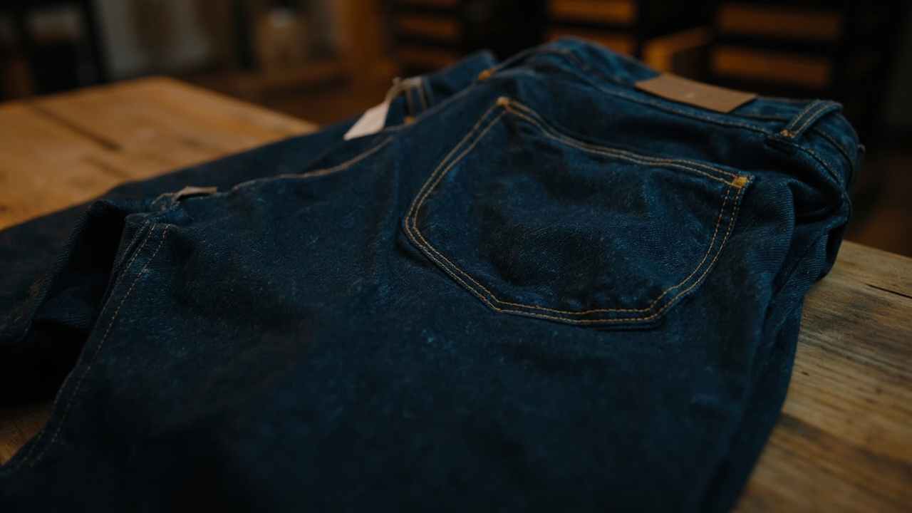 Close-up of premium denim jeans fabric showing indigo wash detail and stitching