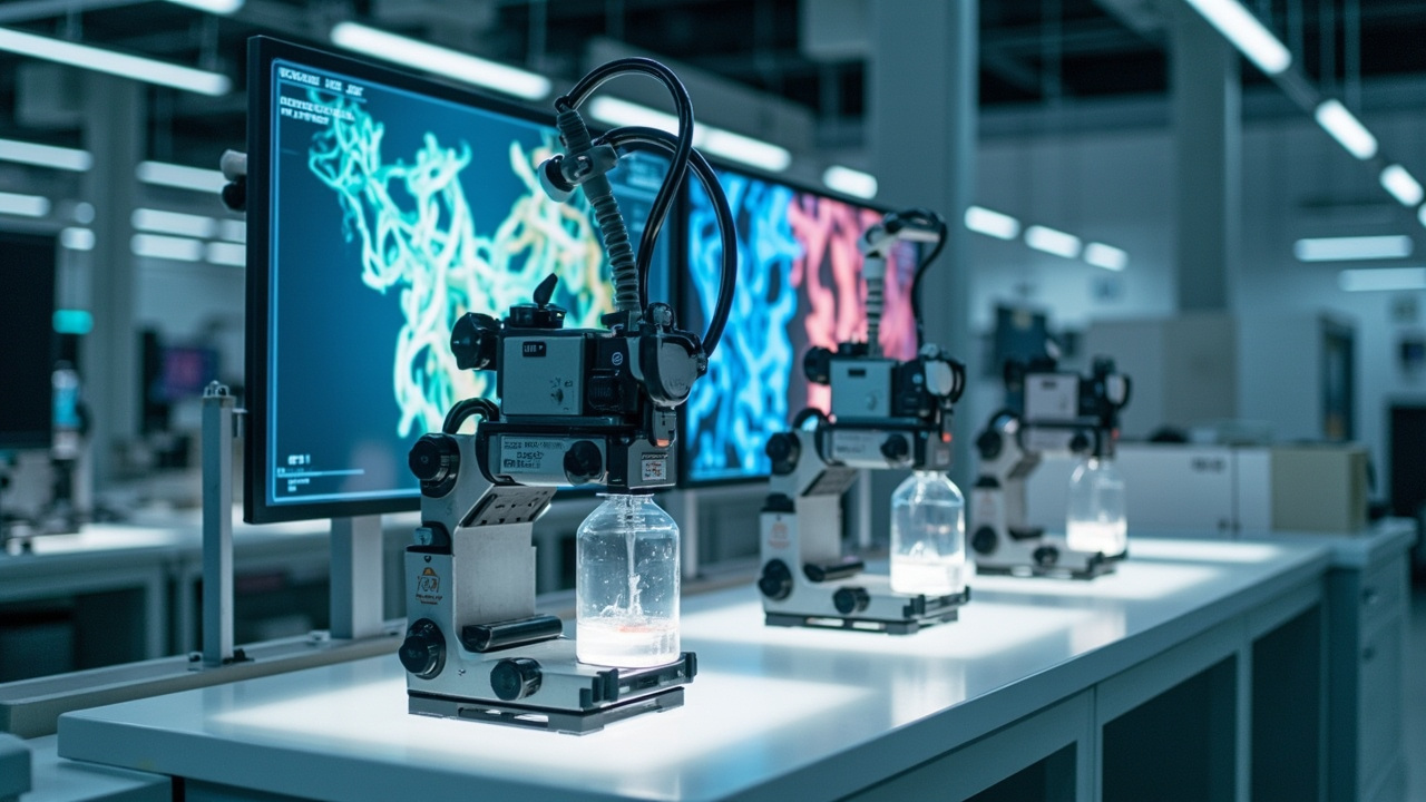 A modern biotech laboratory with automated liquid handling robots and glowing computer screens showing protein structure visualizations