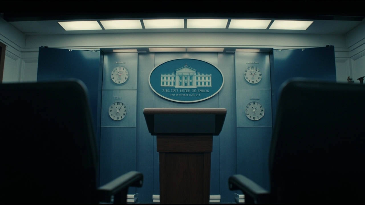 An empty White House briefing room podium with multiple clocks on the wall showing different time zones