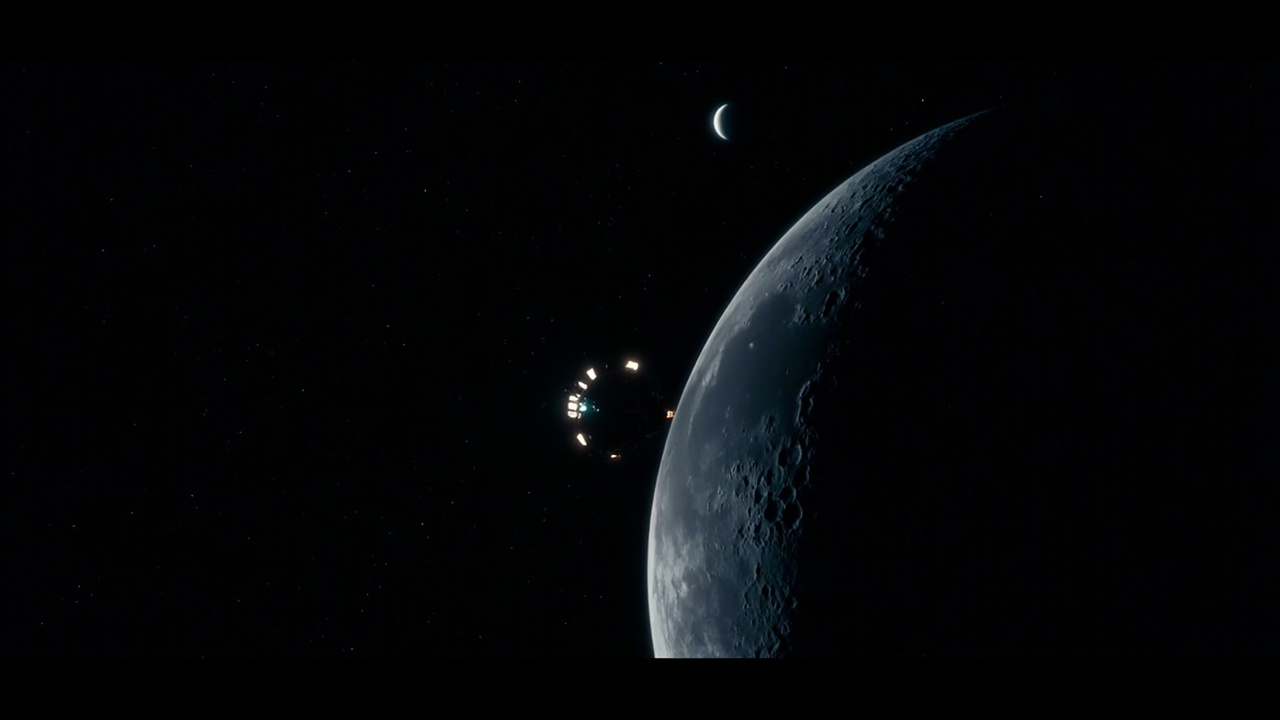 The Orion spacecraft approaching the Moon with Earth visible as a small crescent in the distant background, deep space surrounding