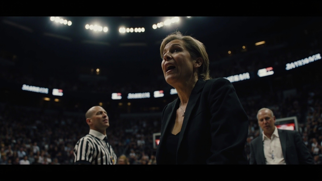 Dawn Staley standing calmly at midcourt while assistants and officials intervene nearby, arena lights overhead