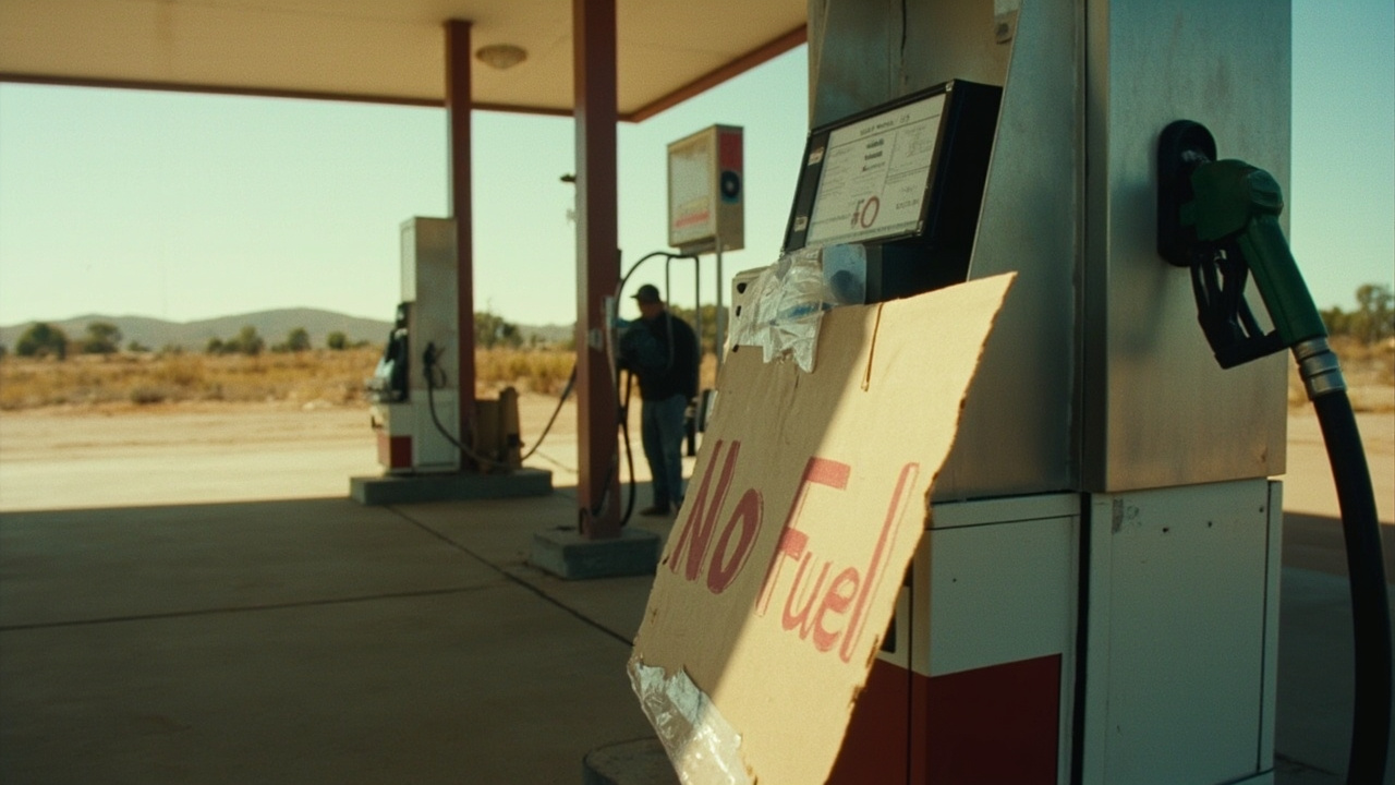 An empty Australian petrol station forecourt with plastic bags over the pump nozzles and a hand-written 'No Fuel' sign