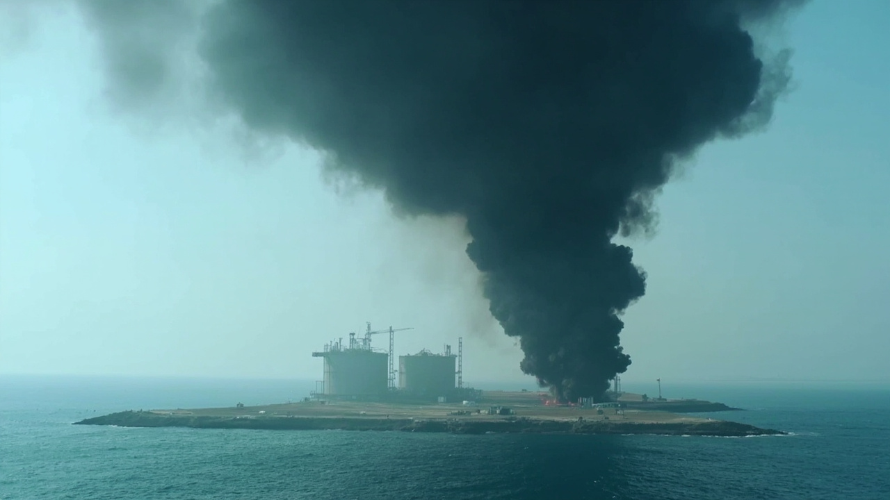 Thick black smoke rising from oil storage tanks on Sitra Island in Bahrain, with the Persian Gulf visible in the background
