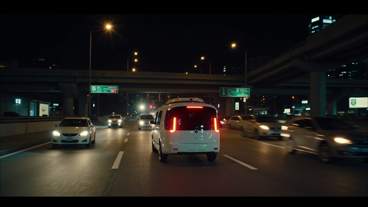 Self-driving car stopped in middle of multi-lane highway at night, hazard lights on