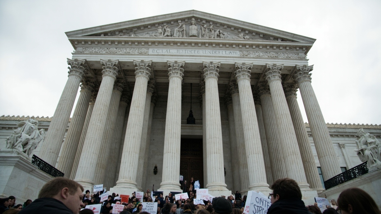 The front facade of the U.S. Supreme Court building with its marble columns and 'Equal Justice Under Law' inscription
