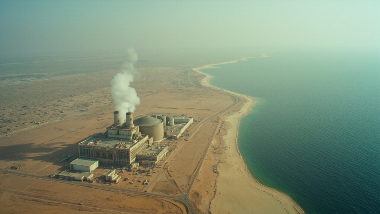 Aerial view of Bushehr nuclear power plant on the Persian Gulf coast, reactor dome visible, thin column of smoke rising from a damaged structure near the perimeter, coastline and blue water stretching toward the horizon