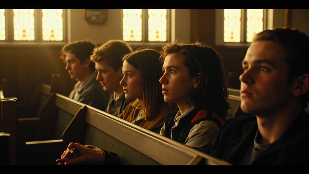 Young adults filling a church pew on a Sunday morning, some with heads bowed, sunlight streaming through stained glass windows