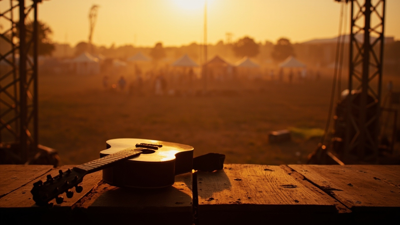 Vintage acoustic guitar resting on a wooden stage, warm amber spotlight, empty festival field in background