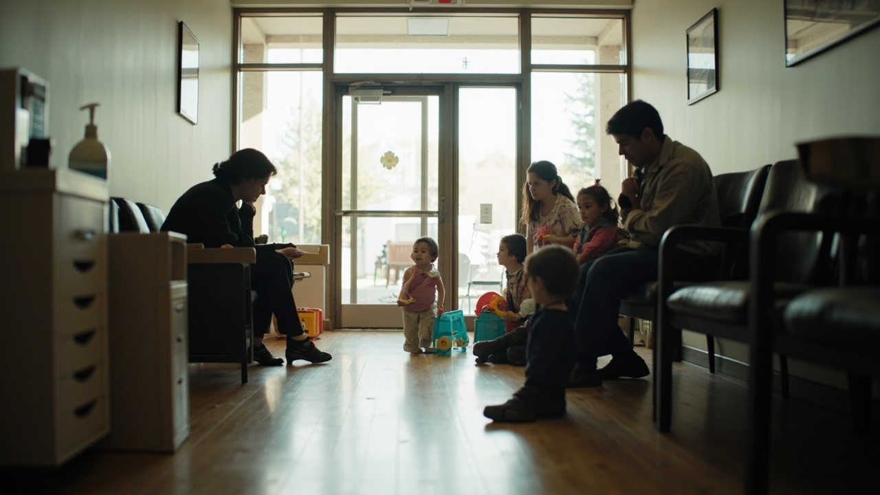 A pediatric clinic waiting room with children and parents, a hand sanitizer station visible near the entrance