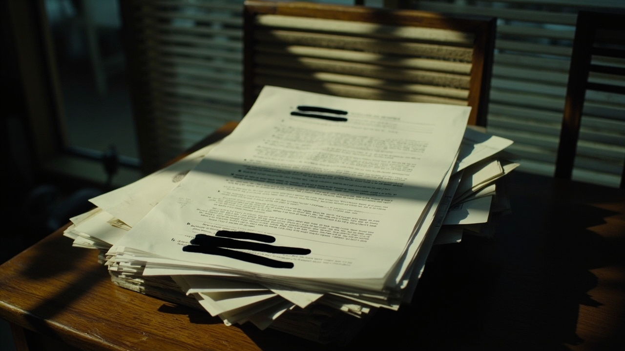 Stack of classified documents with redaction marks, sunlight across a desk