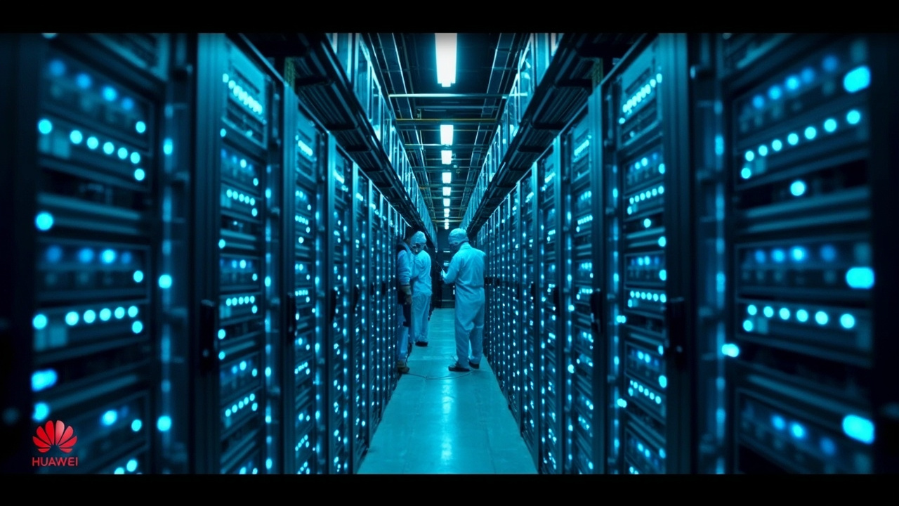 Rows of server racks glowing blue in a Chinese data center, Huawei logos visible on the hardware casings