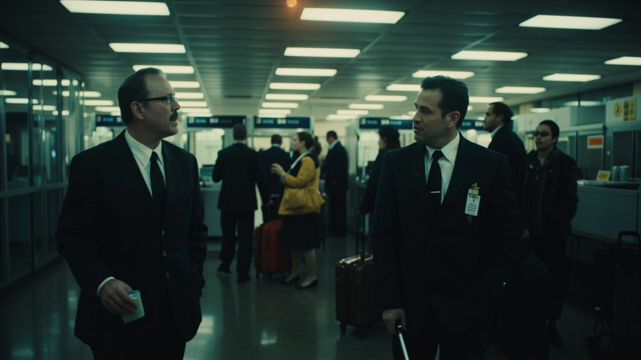 TSA agents working an airport security checkpoint on Easter Sunday, fluorescent lights overhead, travelers with luggage passing through metal detectors, a small American flag pin on one agent's lapel