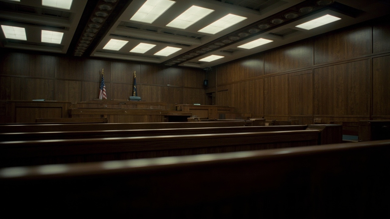 Empty federal courtroom with wooden benches, an American flag beside the judge's bench, fluorescent lighting