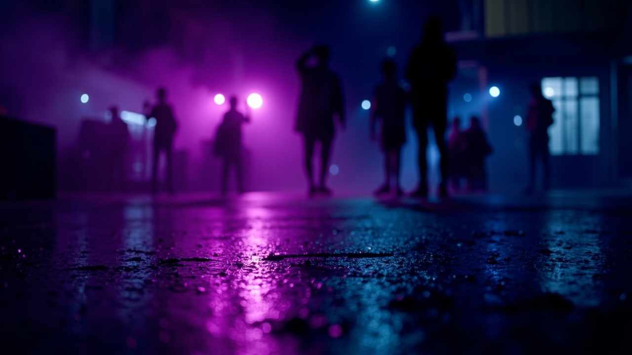 Neon purple and blue lights reflecting off wet pavement at night