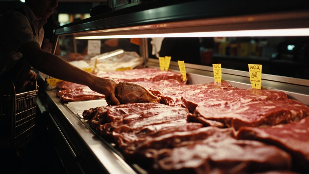 A grocery store meat counter display with beef cuts under fluorescent lights, price tags visible on the packages