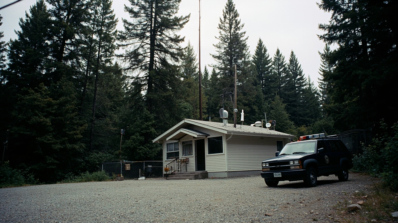 A small Forest Service research station building surrounded by pine trees with scientific equipment on the roof, an American flag at half-staff
