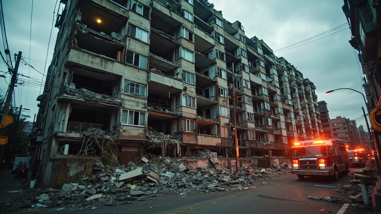 A damaged residential apartment building with blown-out windows and structural cracks in Haifa