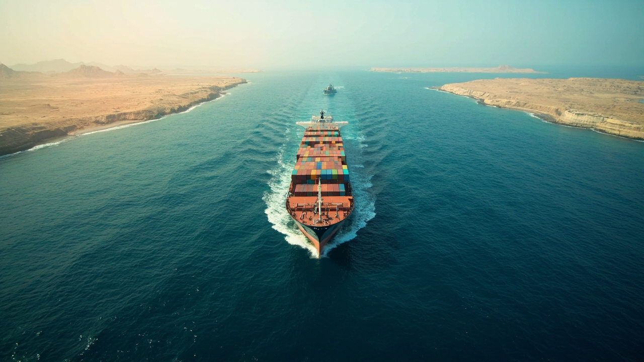 Large container ship transiting narrow strait with arid coastline on both sides and a naval patrol vessel visible in the distance