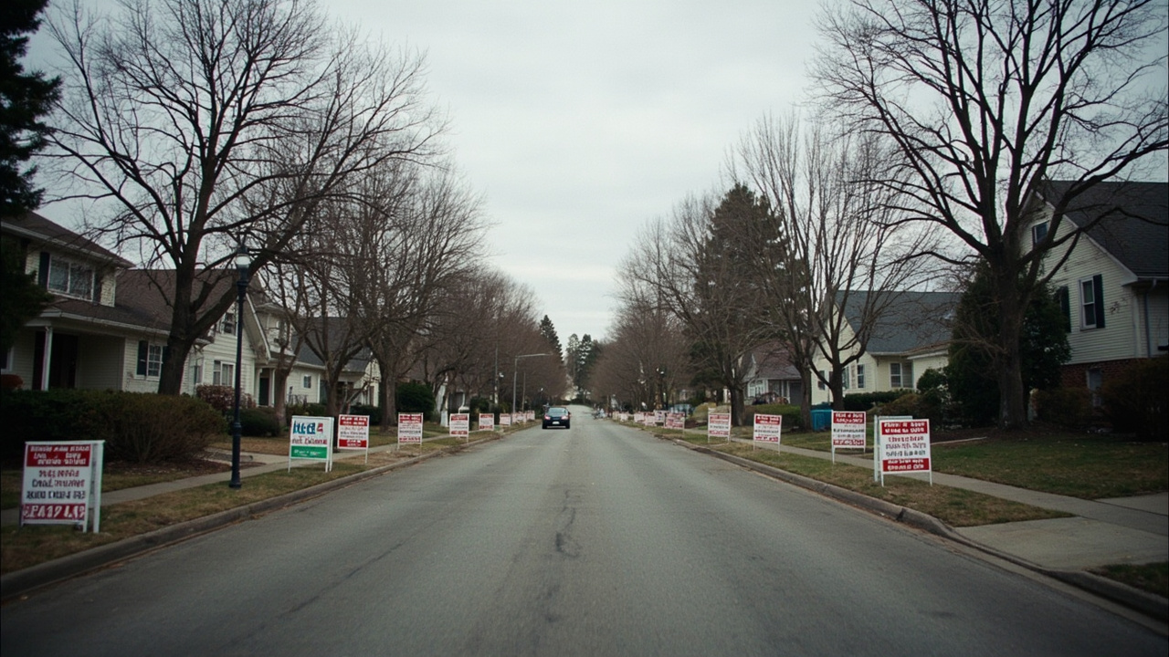 A suburban street with multiple For Sale signs on front lawns, some with 'Price Reduced' riders, quiet sidewalk with no pedestrians