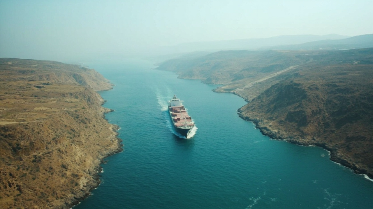 A cargo ship navigating a narrow strait with arid coastline on both sides