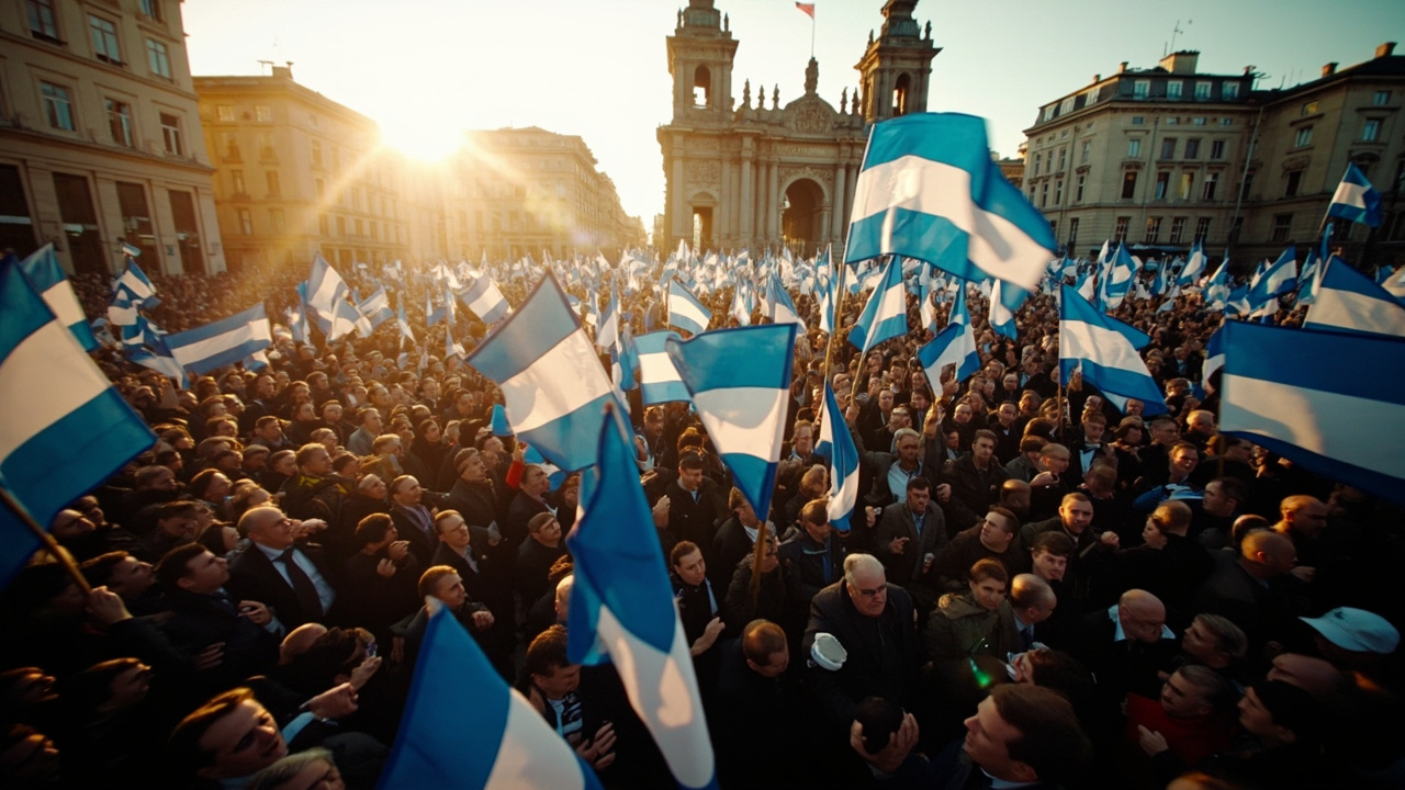 Large crowd at outdoor political rally waving blue and white flags with Hungarian architecture visible in background